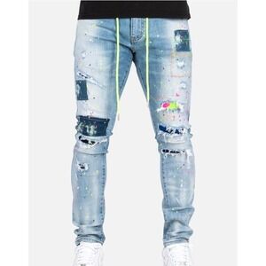 KLOUD9 9 Splatter Paint Mens Distressed Patchwork Jeans Light Wash Neon 38x32